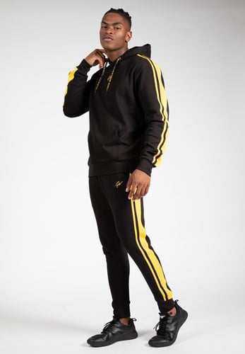 Adidas black new arrivals hoodie yellow stripes
