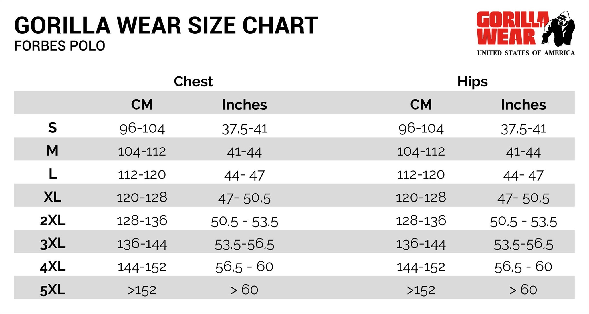 Polo Size Chart