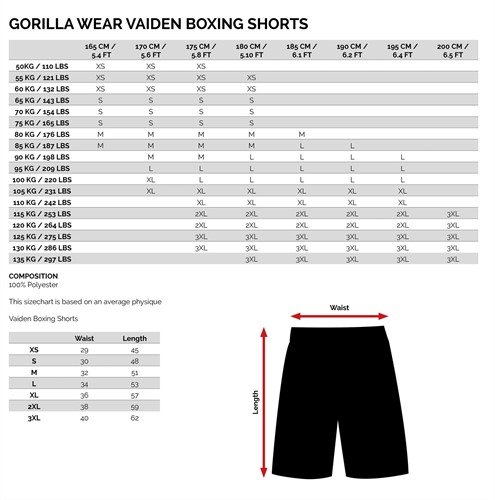 Vaiden Boxing shorts - maattabel