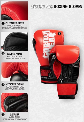 Ashton Pro Boxing Gloves Red Black 16oz Gorilla Wear