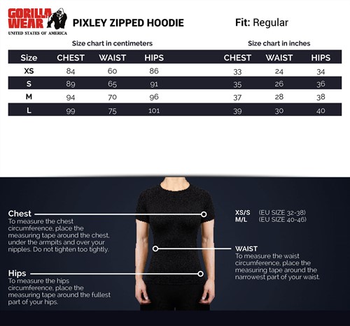 Pixley Zipped Hoodie Sizechart