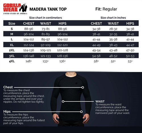 madera tank top size chart maattabel
