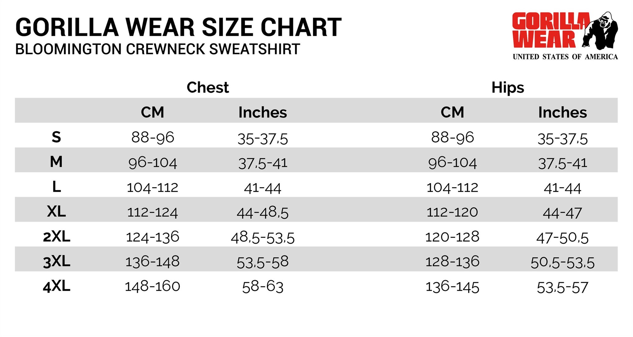 Sweatshirt Size Chart