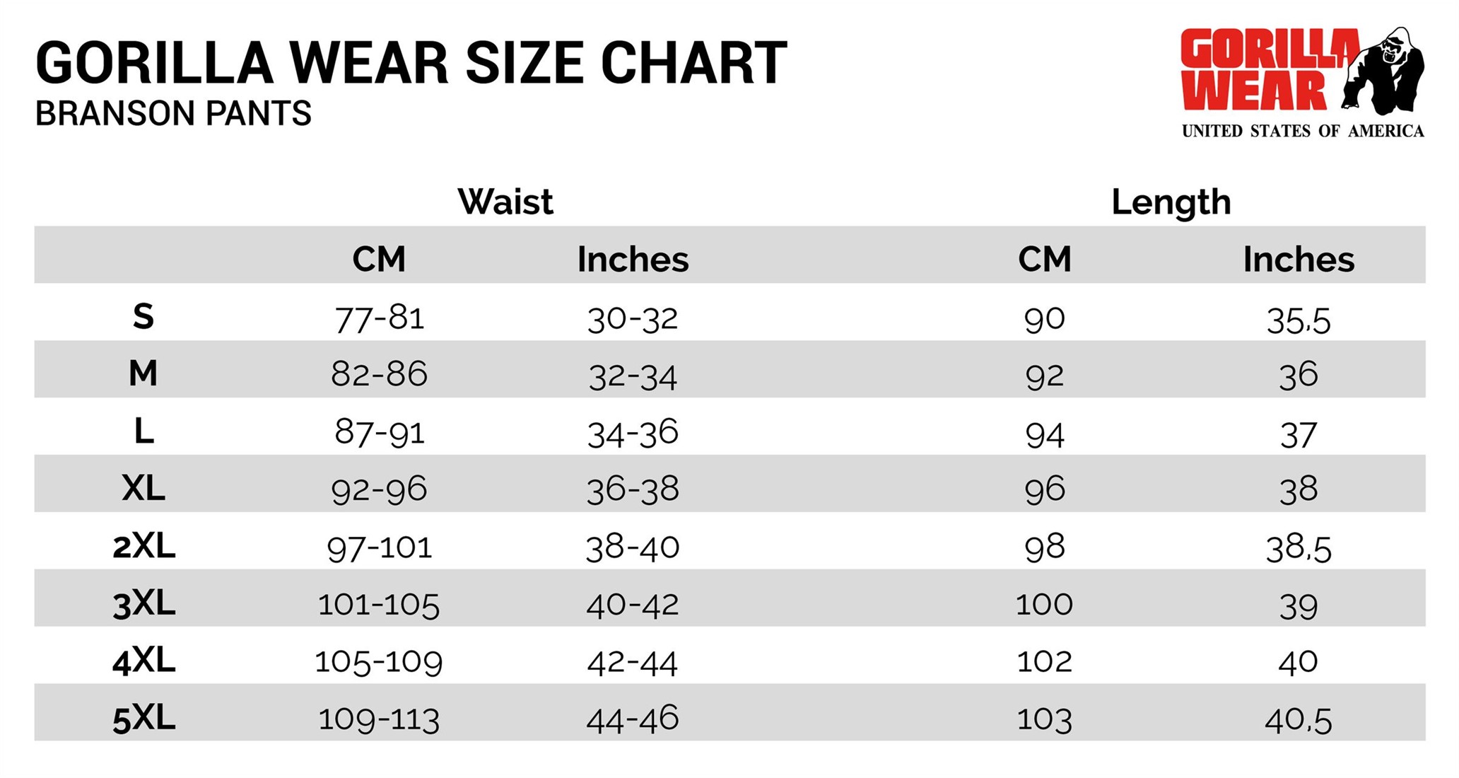 2xl Pants Size Chart