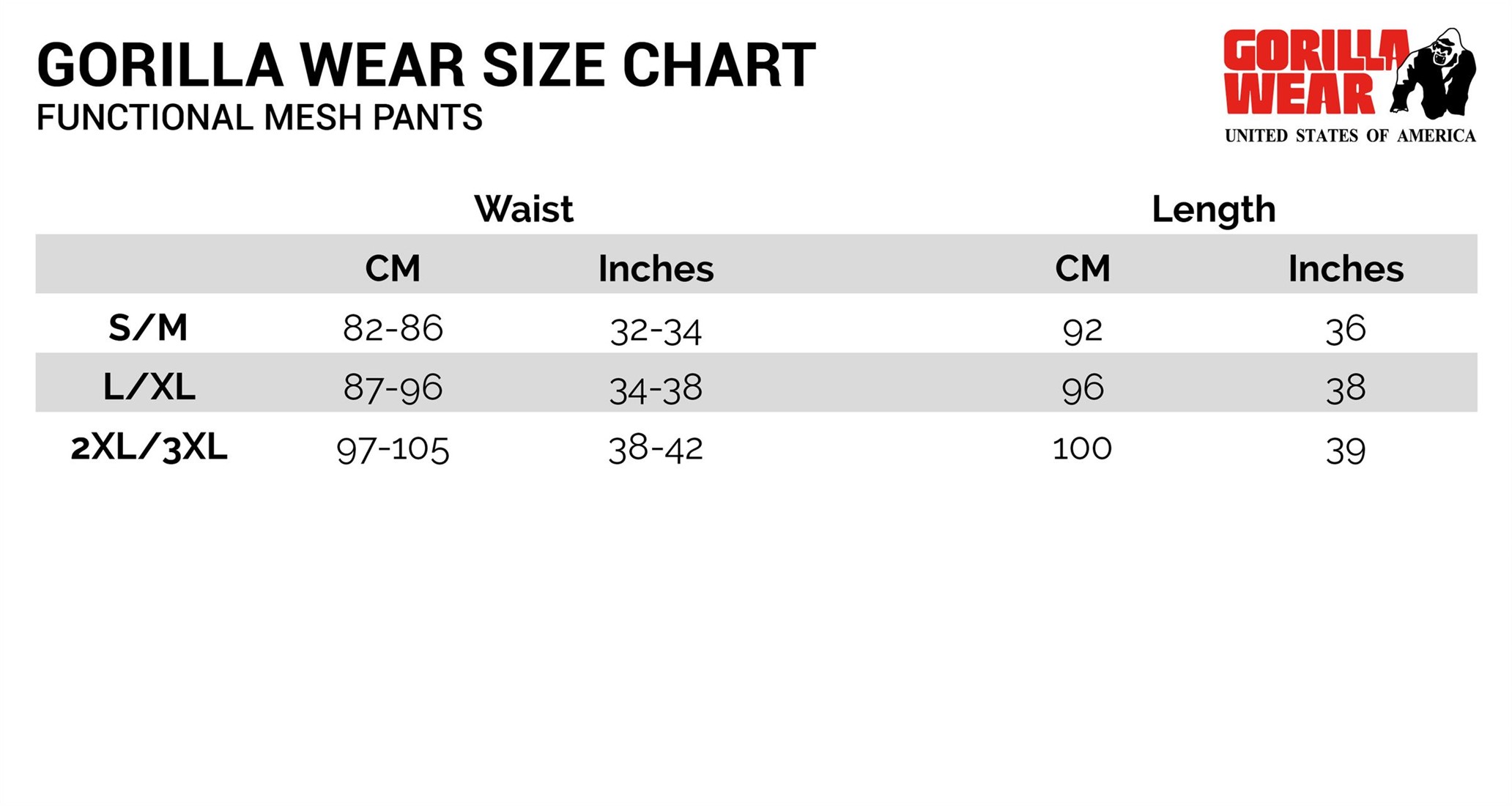 2xl Pants Size Chart