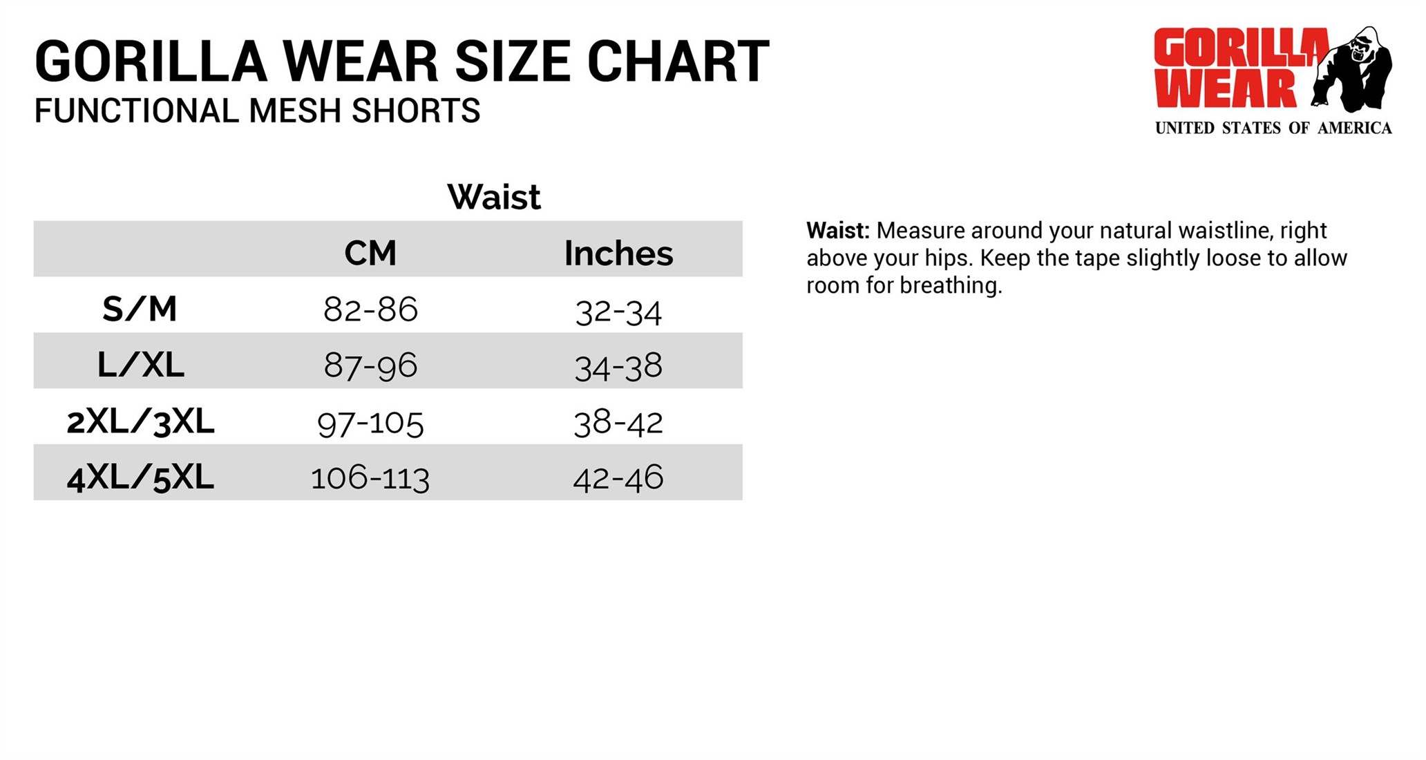 Gorilla Size Chart