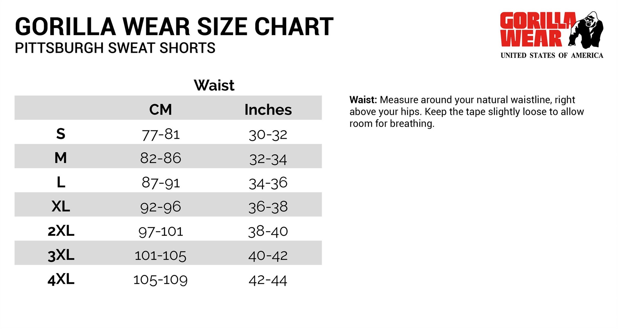 Shorts Size Chart