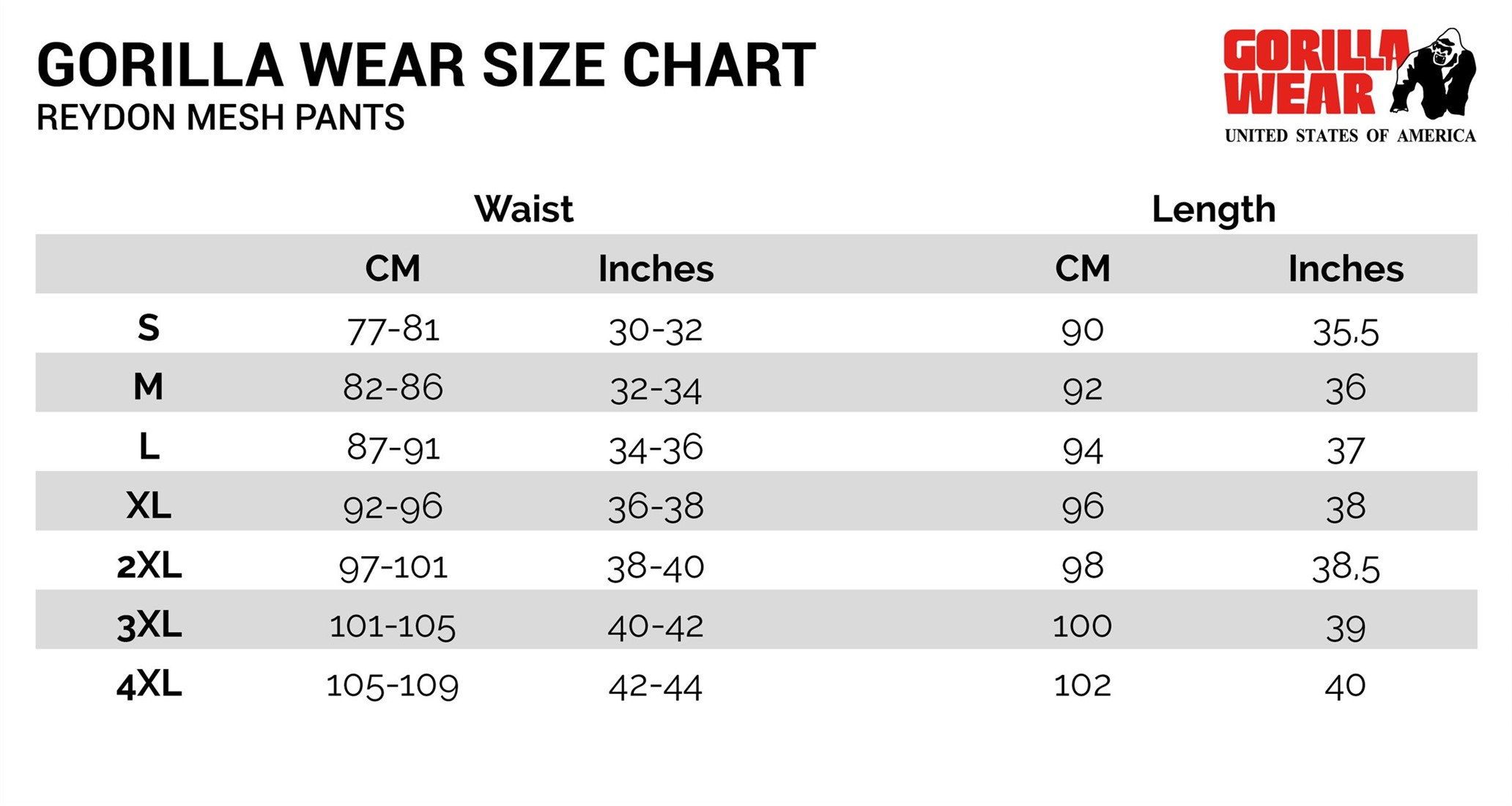 4xl Pants Size Chart