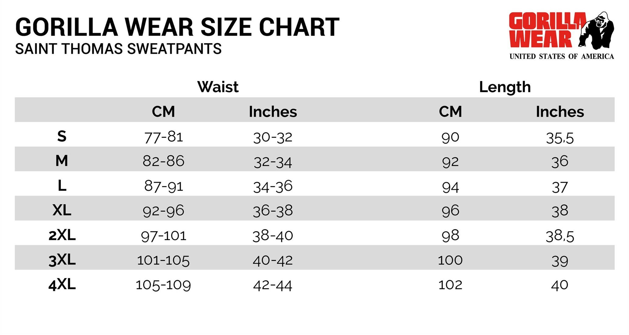 Sweatpants Size Chart